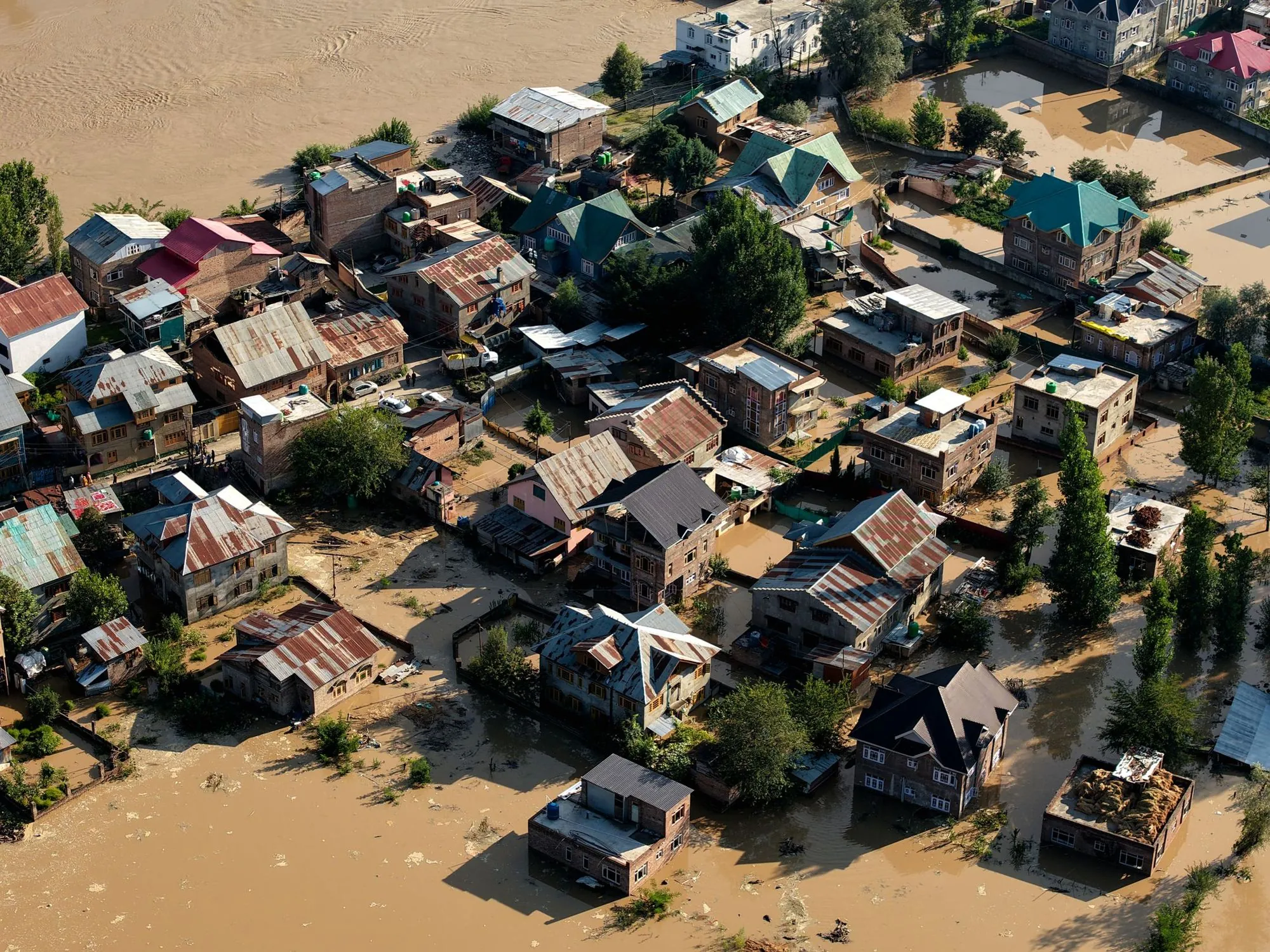 Aerial view of a flooded rural village